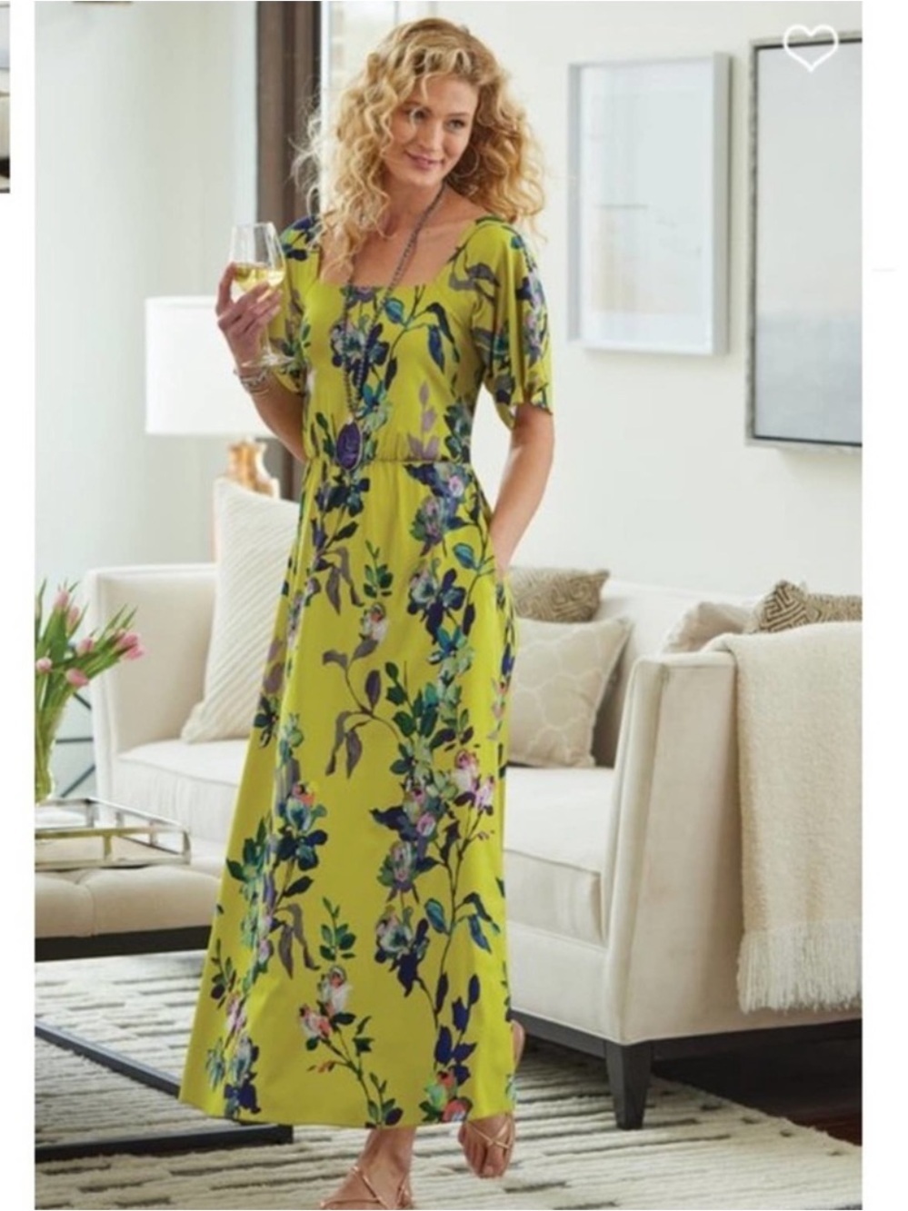 Soft Surroundings Maise Floral Smocked Midi Dress Yellow Flutter Sleeve